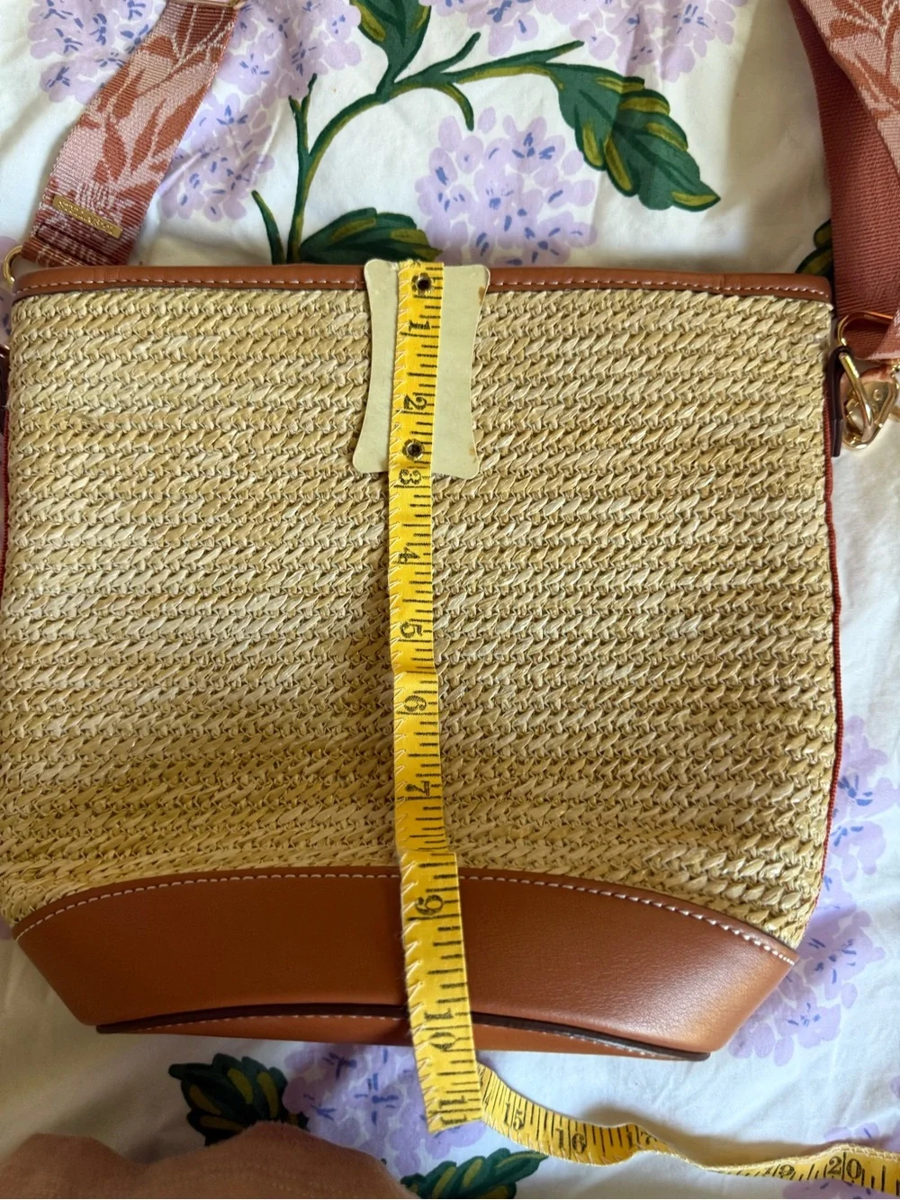 Stella & Dot Natural Straw Crossbody with Brown Leather Trim and Patterned Strap